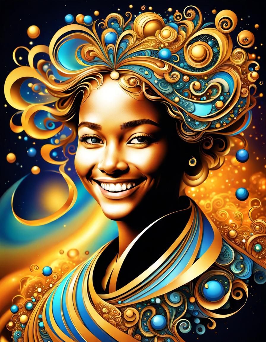 Smiling Woman in Psychedelic Fractal Bubble Art