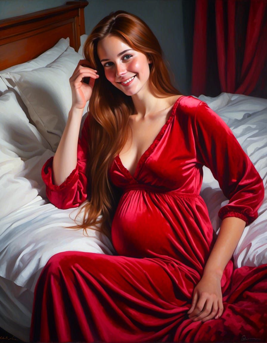 Joyful Pregnant Woman in Red Velvet Nightgown