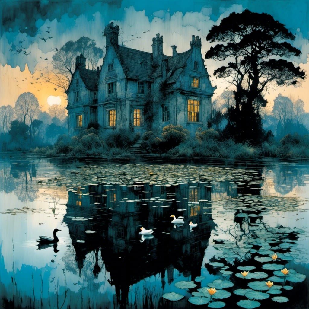 Mysterious Manor Ruins by a Dusk Lake