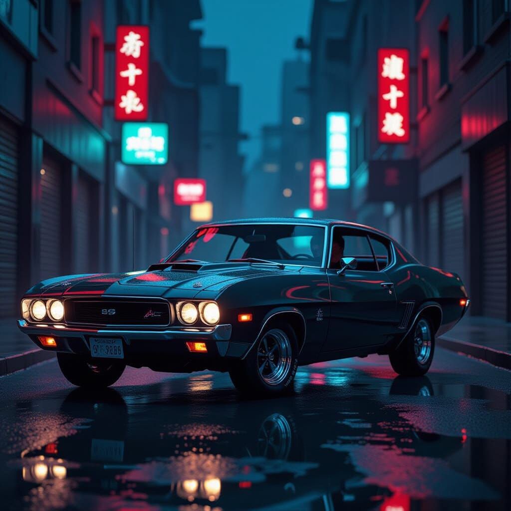 Man Merged With Vintage Car in Moody Urban Alley