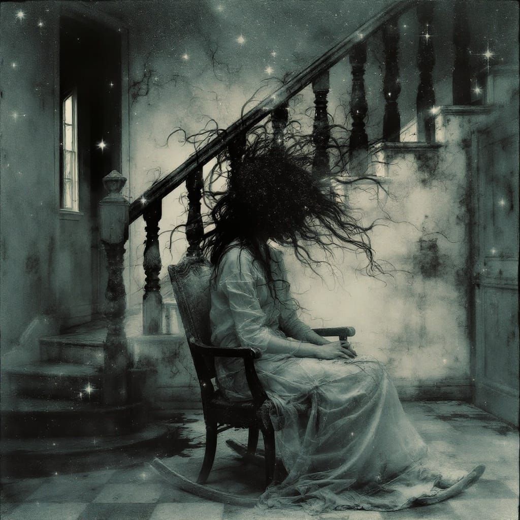 A Girl Fleeing a Haunted House by Starlight in Double Exposu...