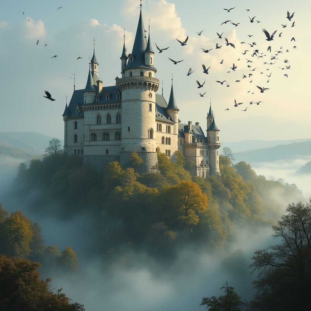 Ethereal French Chateau Amidst Morning Mist