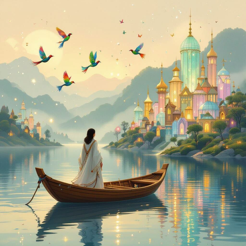 Glass City on Magical Lake in Dreamlike Fantasy Style