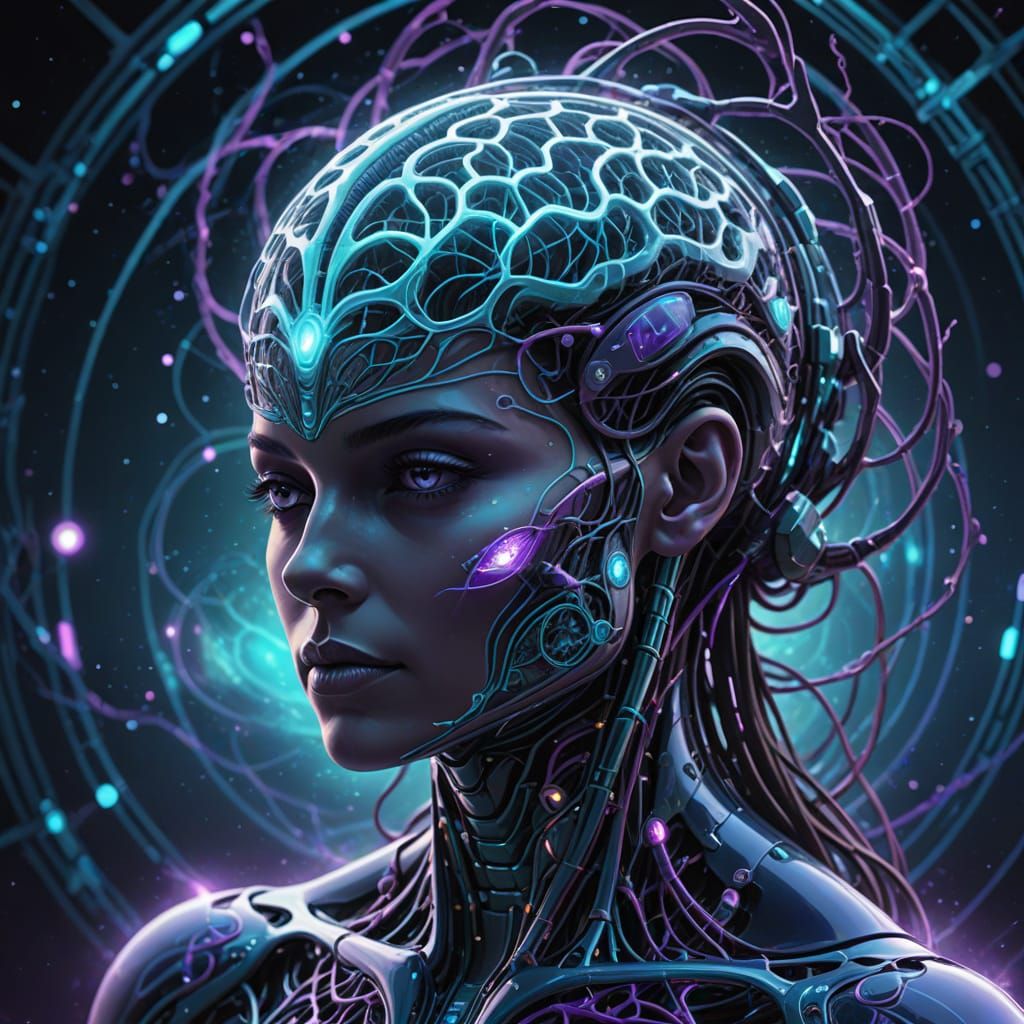 Surreal Digital Art of Glowing Brain in Cosmic Harmony