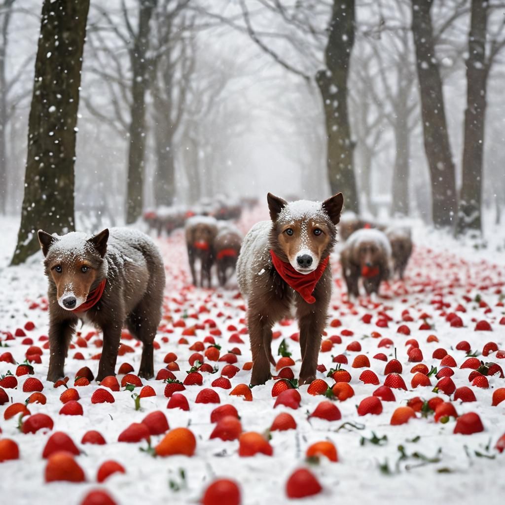 Surreal Winter Scene with Figures in Red