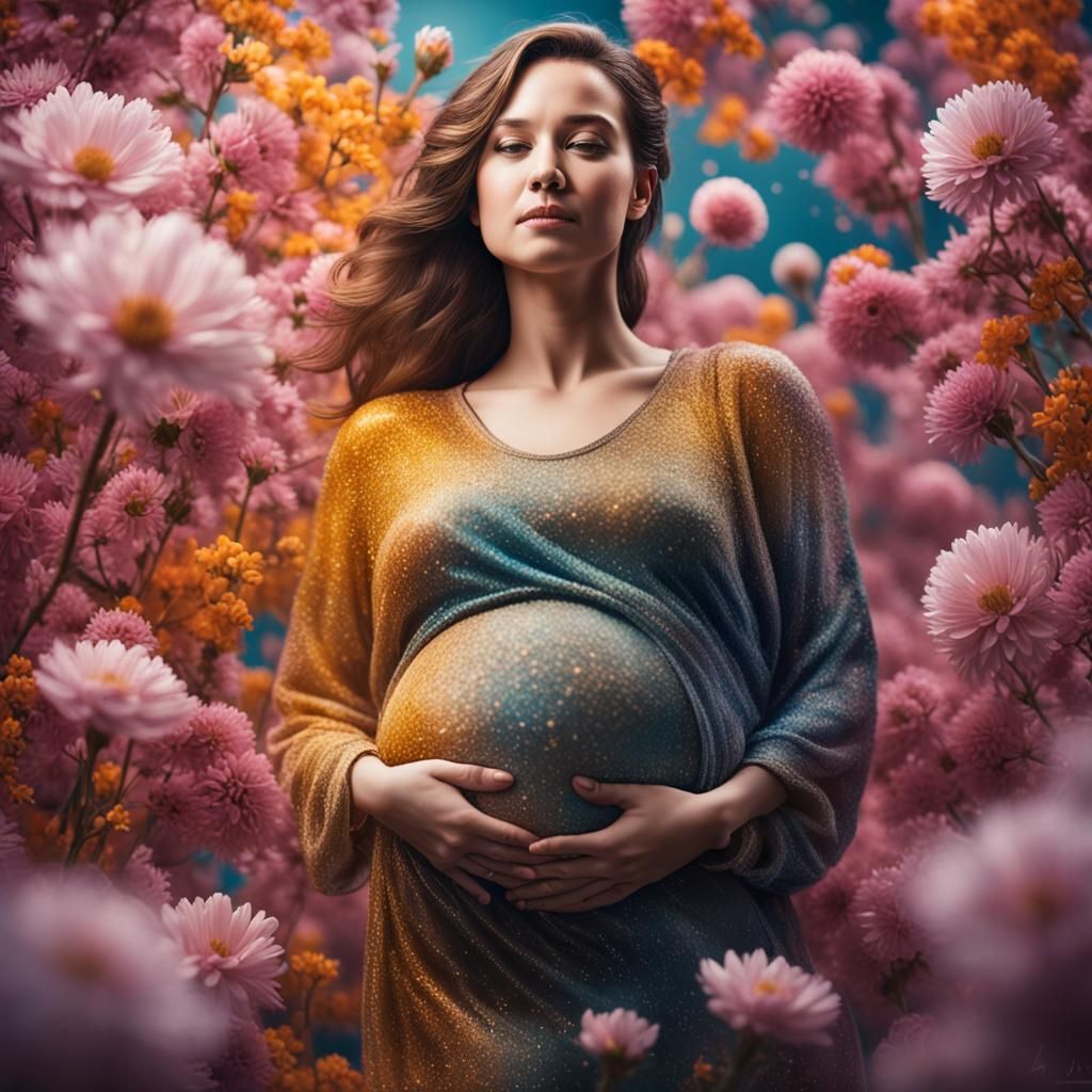 Beautiful Pregnant Woman in Flowering Liquid Background