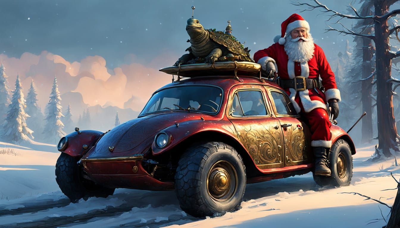 Magical Santa Turtle Concept Art in Moody, Grainy Style