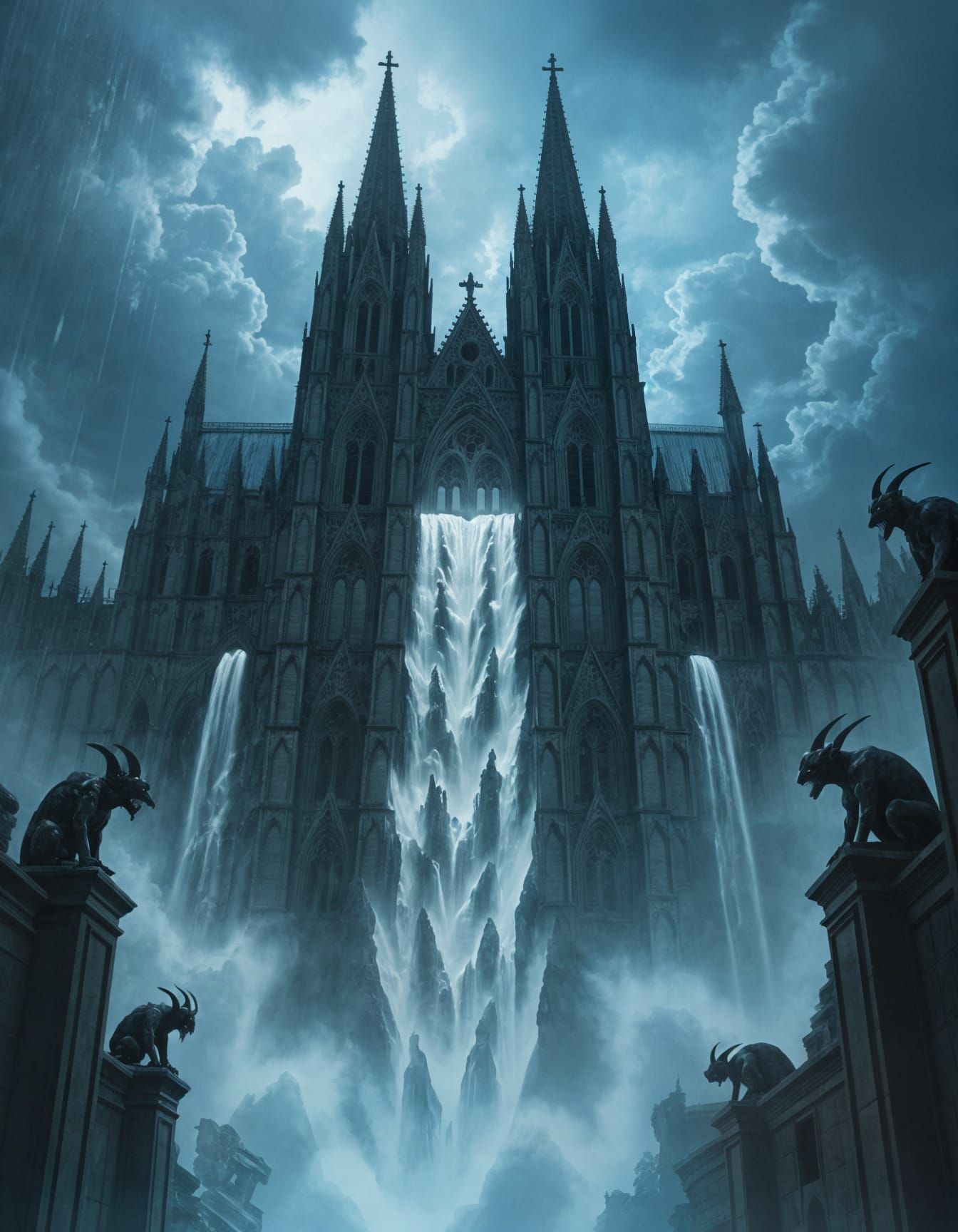 Gothic Cathedral Waterfall in Dark Fantasy Style