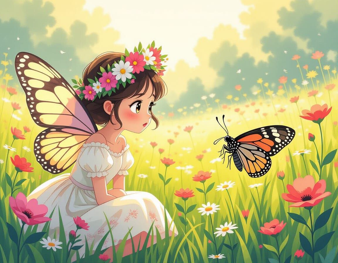 Whimsical cartoon like confused Butterfly looking at a moth in disbelief
