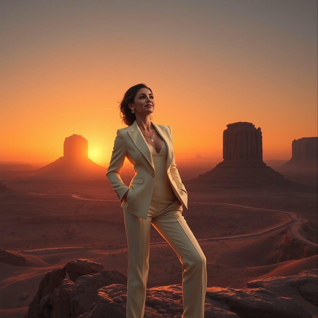 Confident Woman in Desert Landscape, Cinematic Lighting