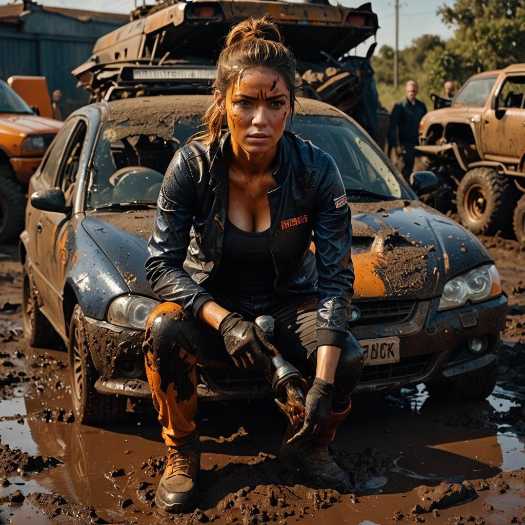 Hyperrealistic Stuntwoman in Tragic Car Crash Scene