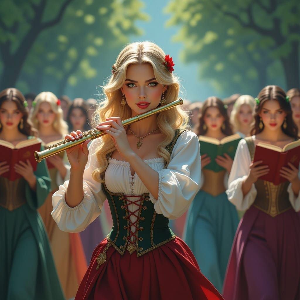 Blonde Pied Piper Leads Book-Toting Ladies in Fantasy Landsc...