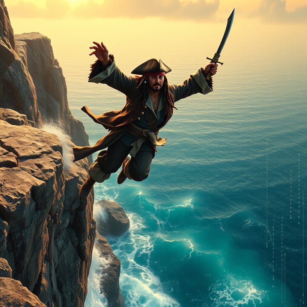 Pirate Captain Leaps into Turquoise Ocean
