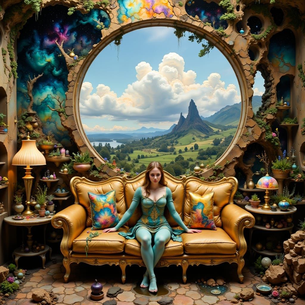 A Steampunk Lady in a Psychedelic Renaissance Landscape