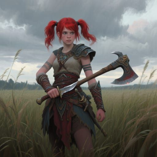 Red-Haired Teenage Warrior in Fantasy Landscape