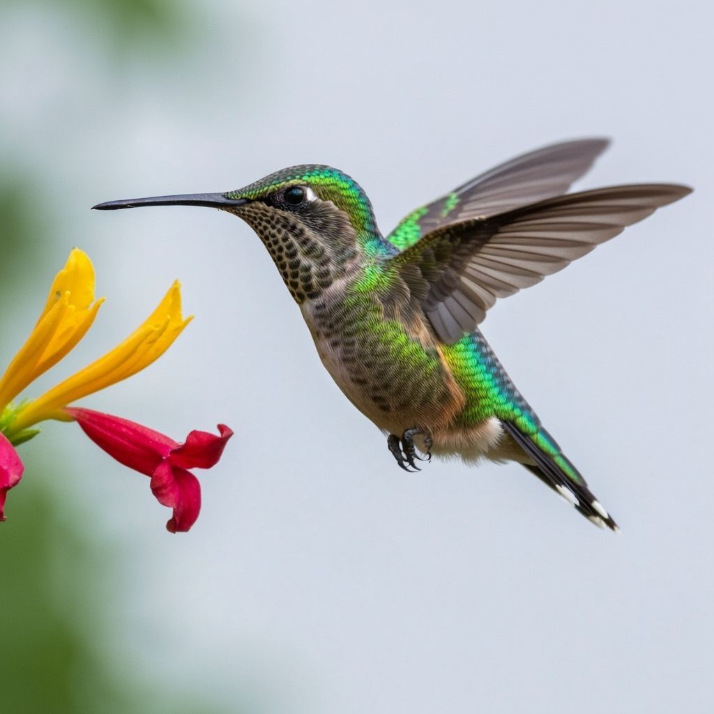 Hummingbird in Flight by a Vibrant Flower