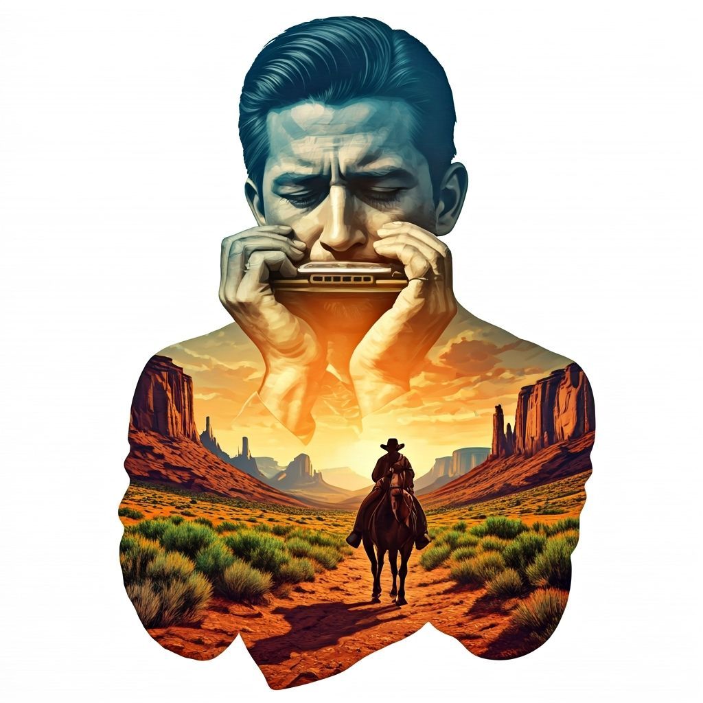 Harmonica Man Double Exposure with Cowboy Landscape