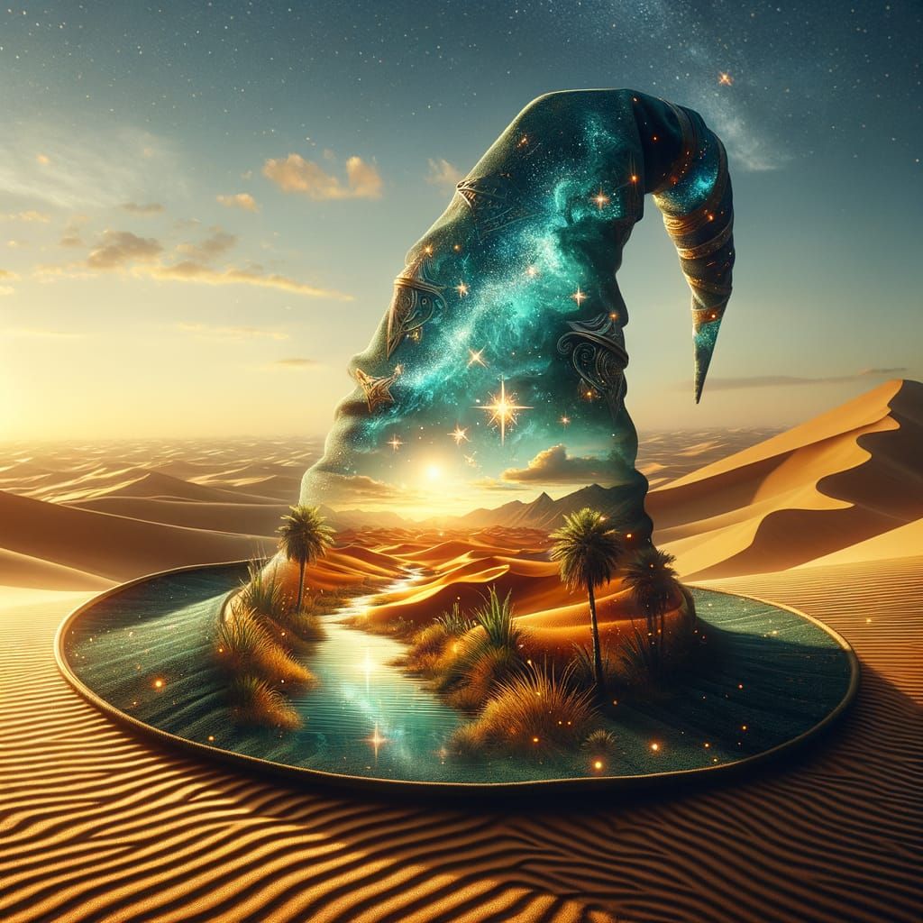 Desert Oasis Mirage in Wizard's Hat, Fantasy Art