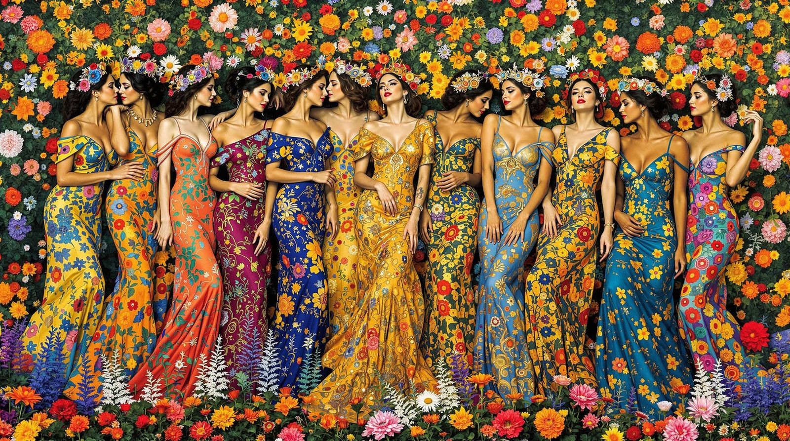 Muses in Vibrant, Dreamlike Attire, Inspired by Klimt and Ch...