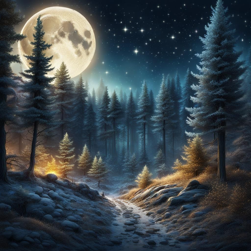 Sparkling Forest at Night: A Digital Masterpiece