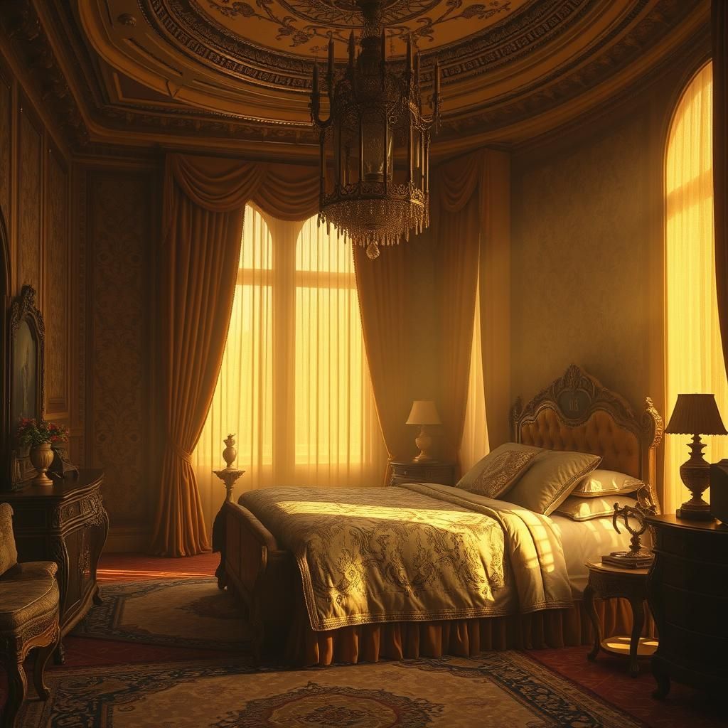 Opulent Sepia Bedroom in Majestic Digital Art Style