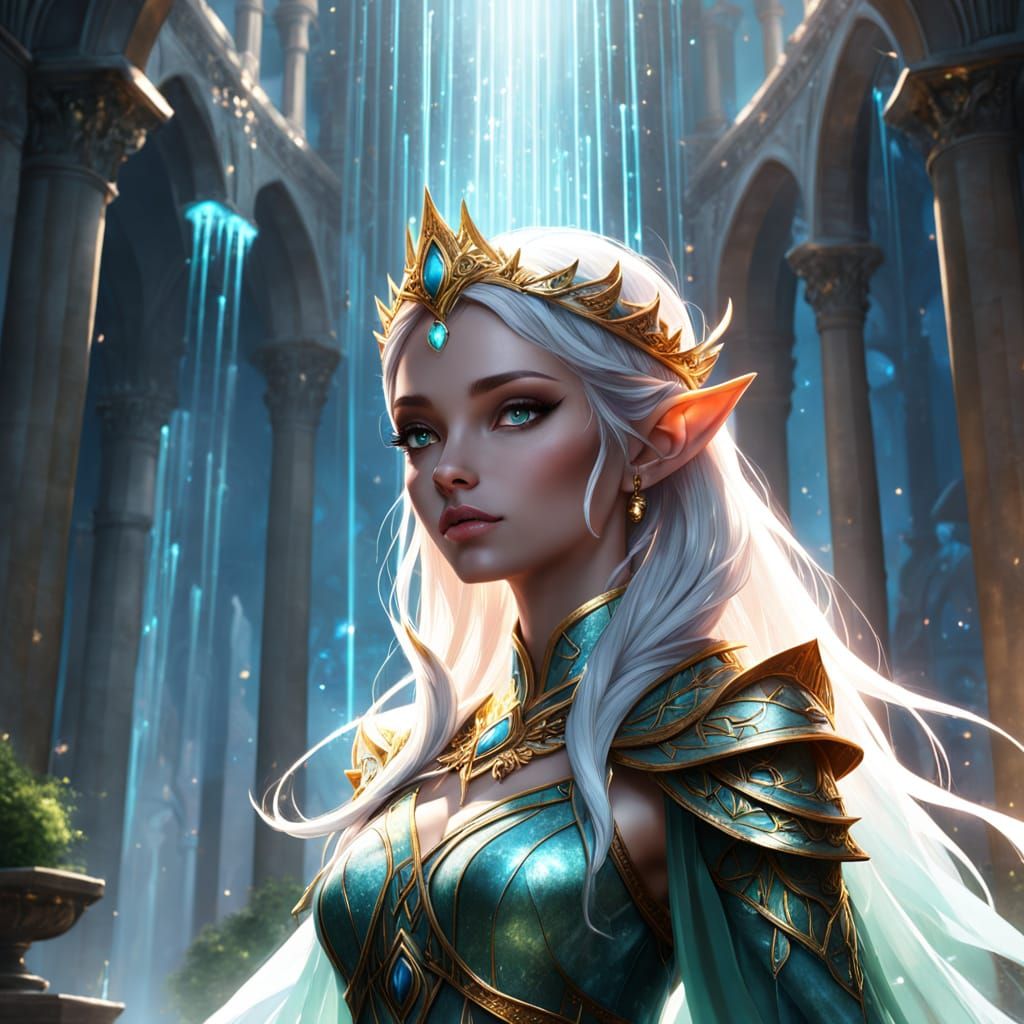 Regal Elf Queen in Celestial Palace, Fantasy Art