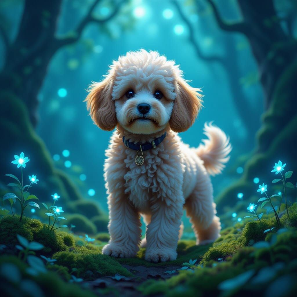Majestic Cavapoo in Bioluminescent Forest