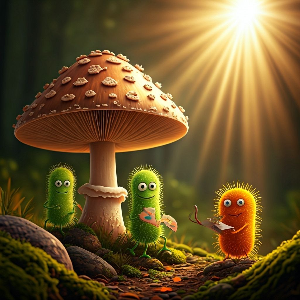 Cheerful Microbes Painting Under Mushroom in Autumn Forest