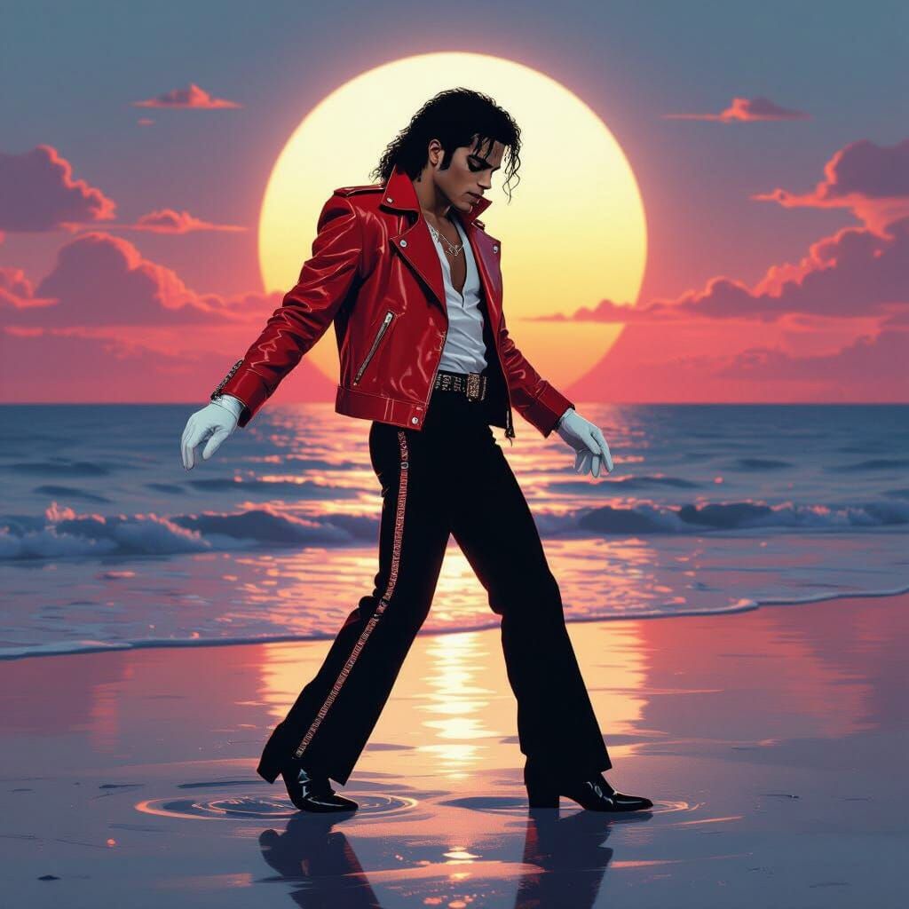 Iconic Moonwalk on Sunset Beach in Futuristic Style
