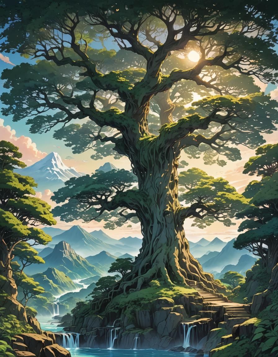Colossal Tree in Surreal Realm: Anime Cel-Shaded Art