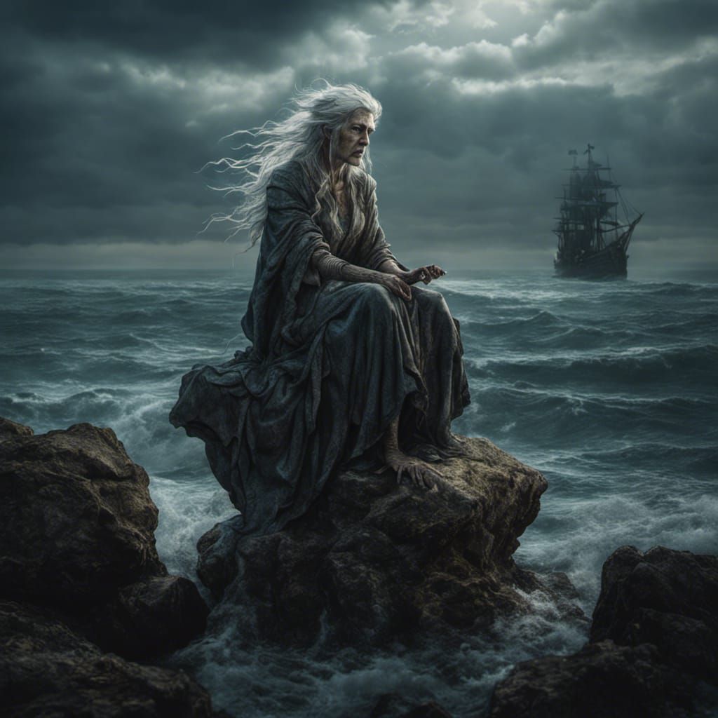 Creepy Sea Hag Casting Spell: Arthur Rackham Style