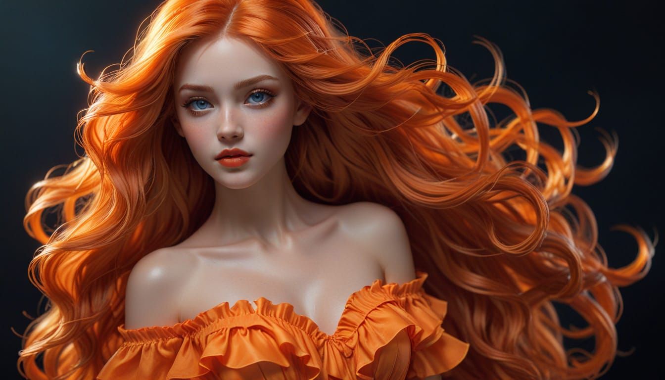 Ethereal Woman with Neon Orange Hair and Dress