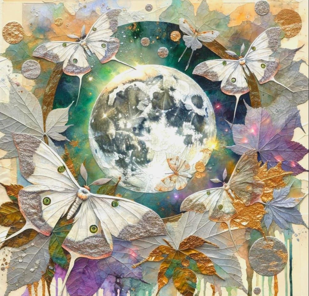 Luminous Moon Collage with Luna Moths in Post-Impressionisti...