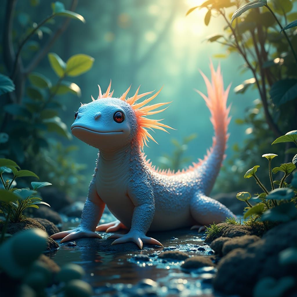 Mystical Axolotl-Platypus Hybrid in Dreamlike Realm
