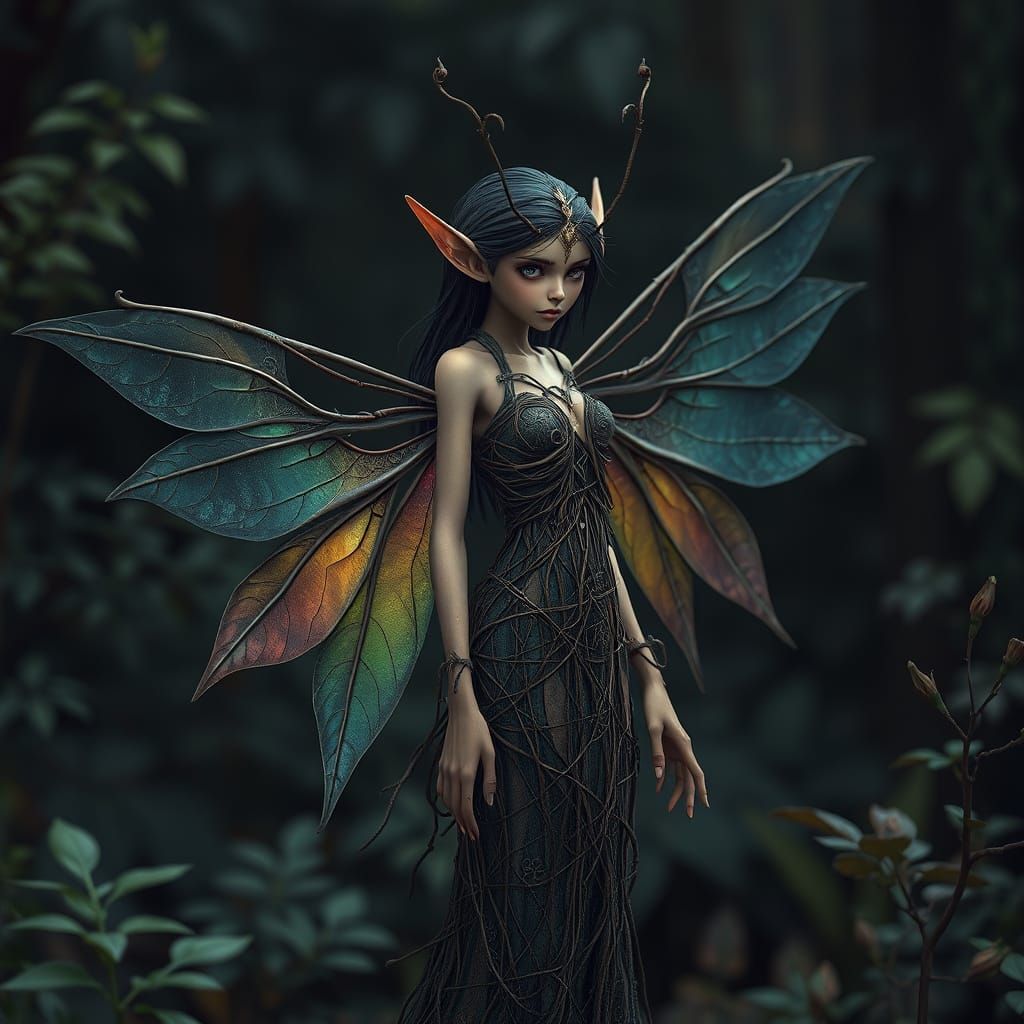 detailed airbrush fantasy art slender forest elf with a dress made from twigs, vines, and leaves, filigree rainbow colou...