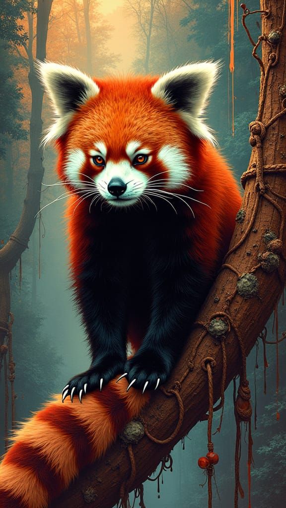 Red Panda in Cyberpunk Circuits and Dynamic Art Styles