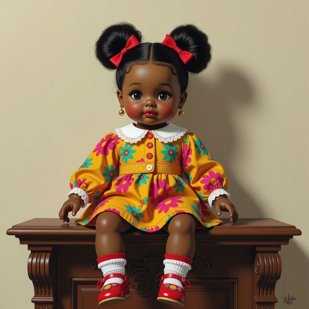 Whimsical Doll on Ornate Shelf