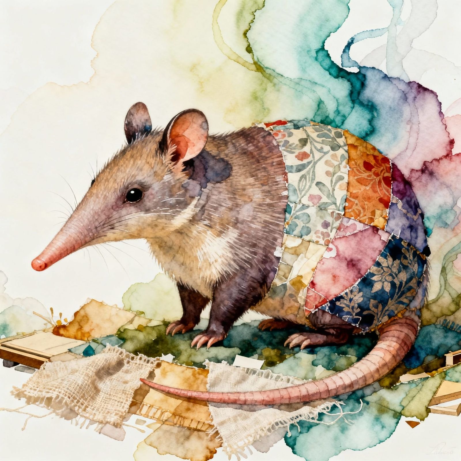 Whimsical Aardvark-Hamster Hybrid in Alcohol Ink and Patchwo...