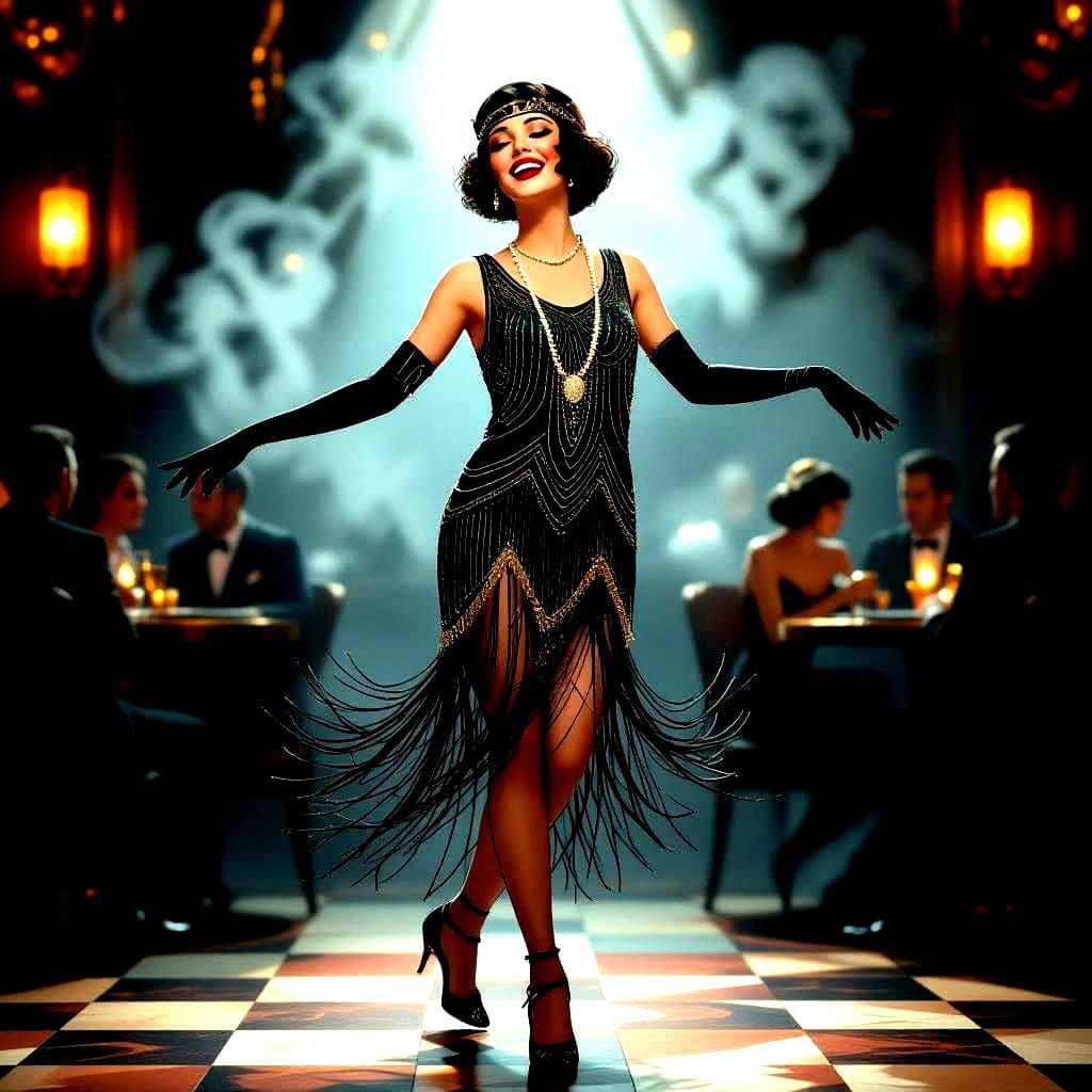 Flapper Girl Dances the Charleston in Art Deco Jazz Club