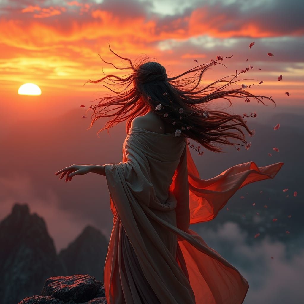 Cherry Sunset Goddess in Hyperrealistic Style