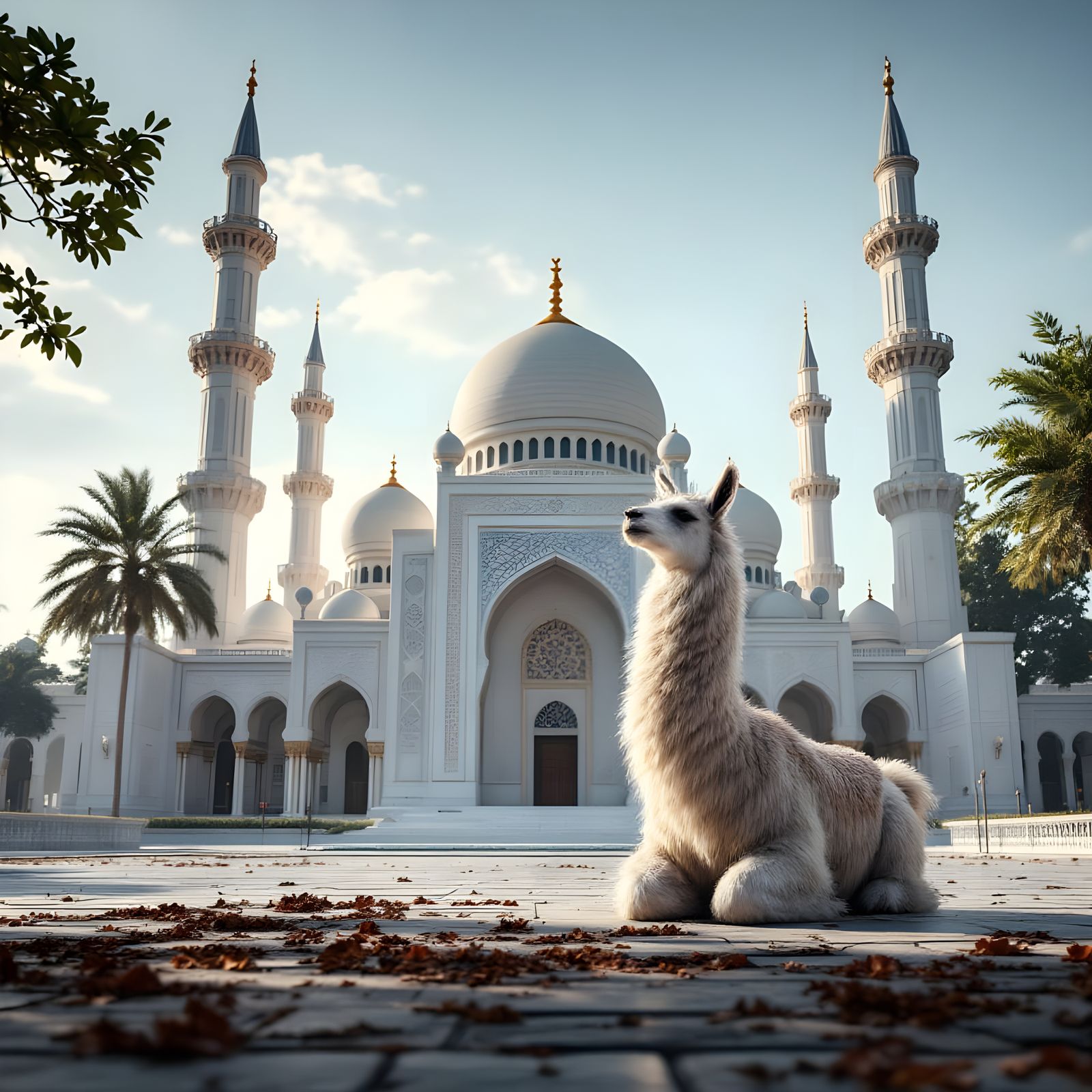 Llama Kneeling Before Islamic Mosque in 4K