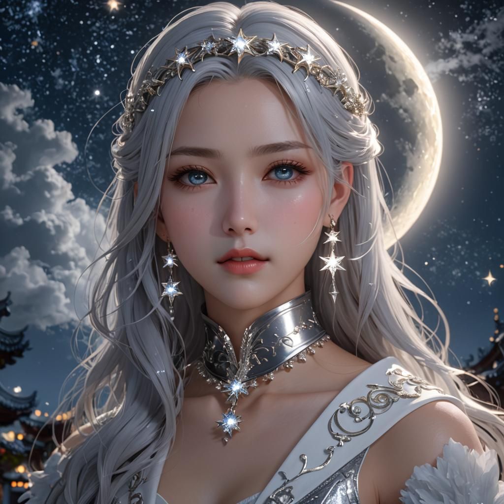 Goddess Selene in Silver Gown: 3D Anime Art