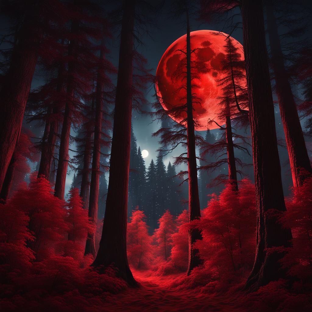 Forest of tall loaming red wood trees at night back lit by a deep red moon