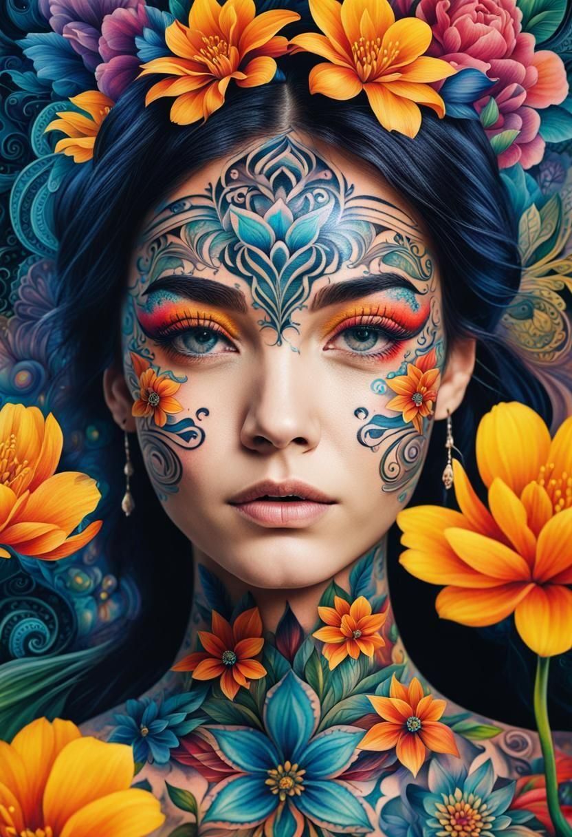 A flower-like pattern tattoo on a face of a beautiful woman, colorful, vivid, hyperdetailed, no background, ink, epic ci...