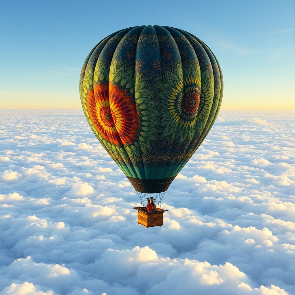 Surreal Hot Air Balloon Soars Above Majestic Cloud Mandala i...