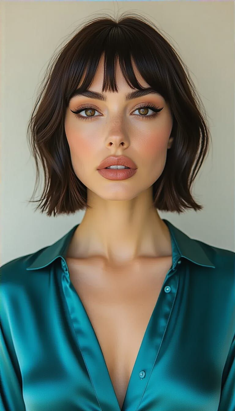 Photorealistic Portrait of Confident Woman in Teal Silk Blou...