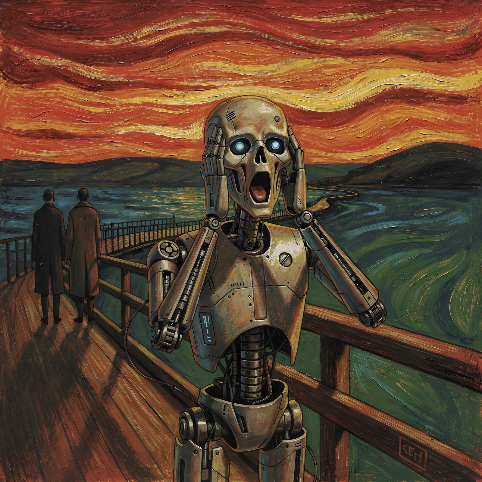 Robot's Silent Scream in Fiery Sky