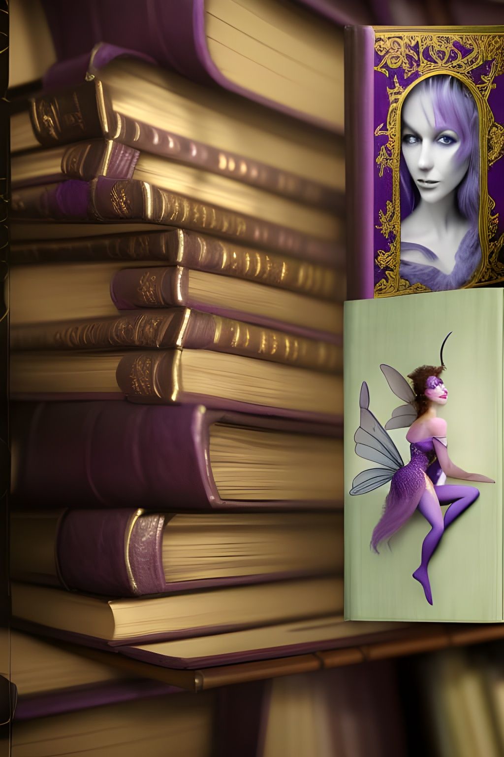 Purple Fairy Lounges on Leather Book in Library