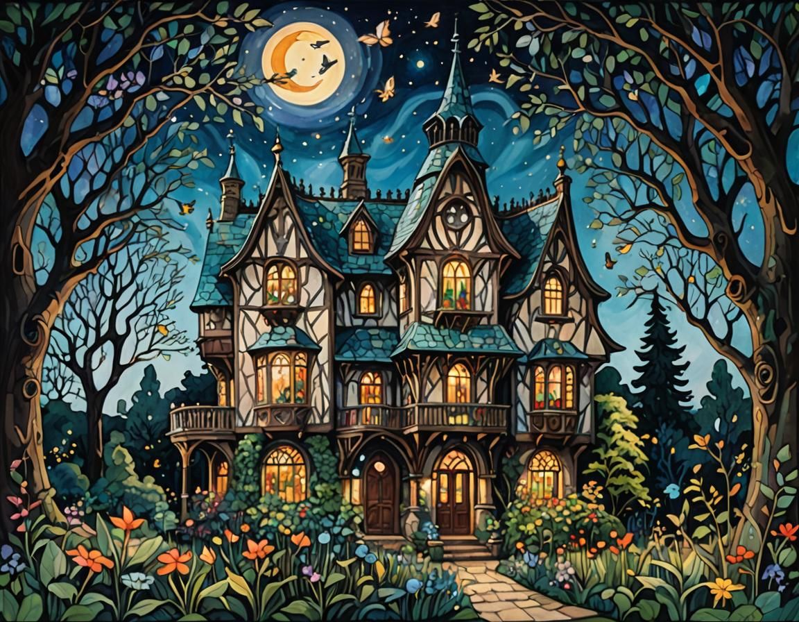 Majestic Starling House in Moonlit Garden as Gouache Paintin...