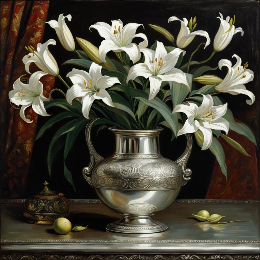 Silver Lilies in Silver Vase: Waterhouse Style